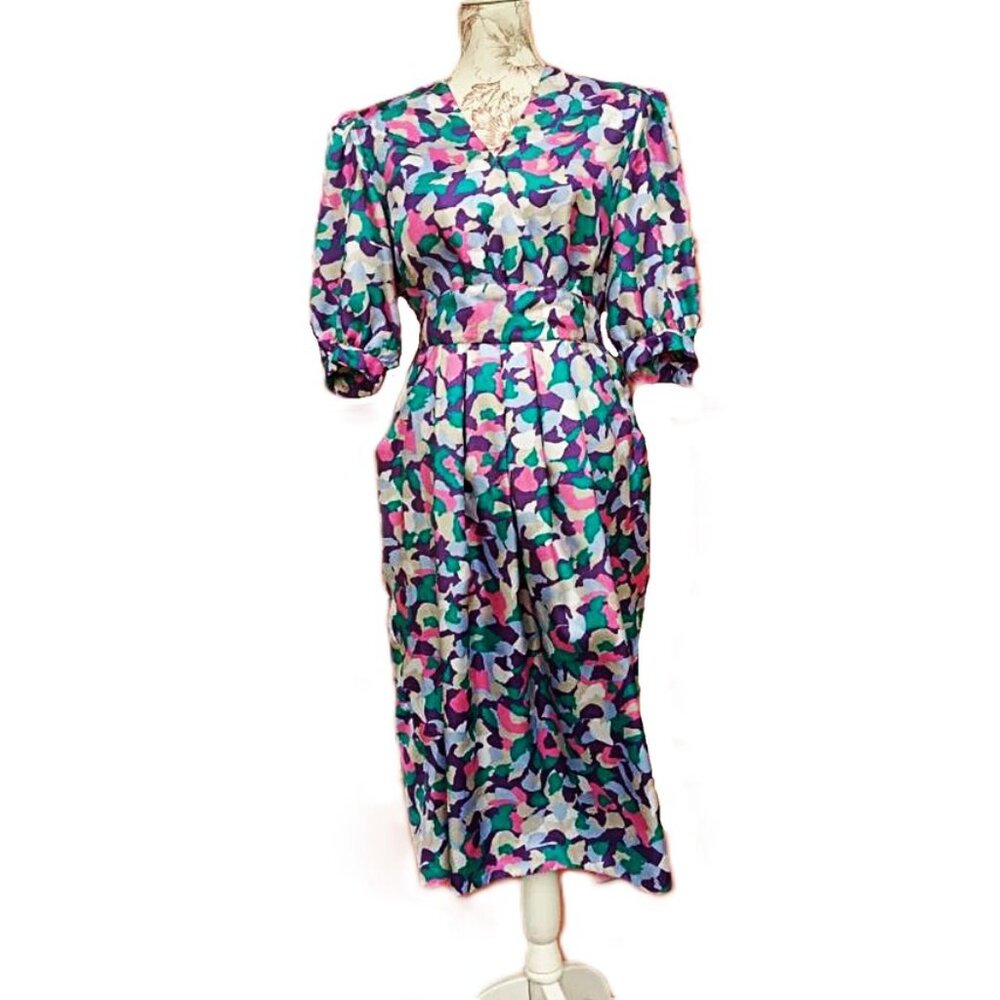 Vintage Silky Dress Size 10 Pink Purple Teal Blue Puffed Sleeves